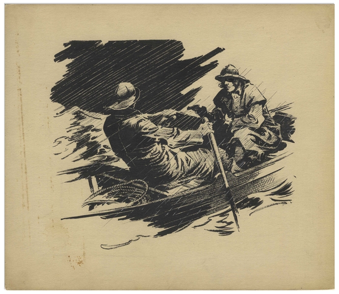Bernard Krigstein Illustration, Circa 1940 of a Dramatic Scene of a Man Pointing a Gun at Another Man Rowing a Boat in a Storm